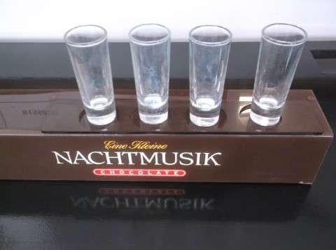 NACHTMUSIK CHOCOLATE LIQUEUR DISPLAY LIGHT WITH FOUR DOUBLE TOT GLASSES